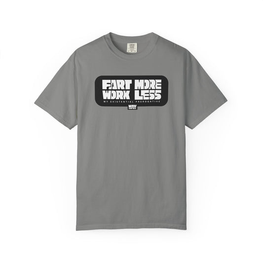 Funny fart grey t-shirt with witty slogan Fart More, Work Less – unisex fit